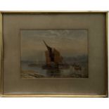G Barret (1774-1842) watercolour - unloading boats at shore, image 39cm x 28cm in glazed frame