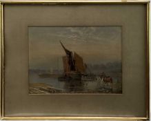 G Barret (1774-1842) watercolour - unloading boats at shore, image 39cm x 28cm in glazed frame