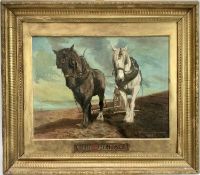 English school oil on canvas - "Our Heritage", two shire horses pulling a rake, signed and dated P G