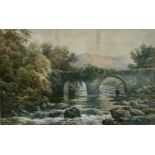 R. Harwood 19th century watercolour and another - fisherman in a pool by a bridge and cattle crossin