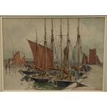 Watt Milne (?) 20th century fenland watercolour - harbour scene in glazed frame