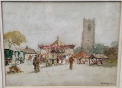 Charles Hannaford watercolour - Fairground before a church, 27cm x 21cm