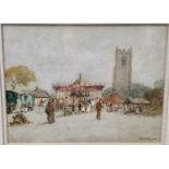 Charles Hannaford watercolour - Fairground before a church, 27cm x 21cm