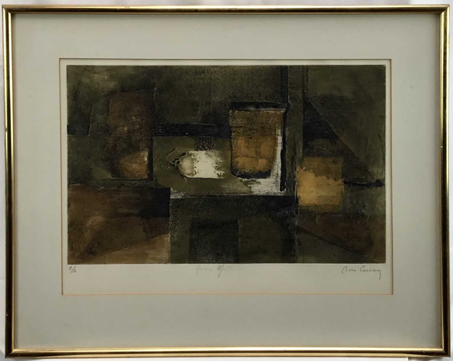 René Carcan (1925-1993) signed etching - abstract, E/A, 49cm x 33cm mounted in glazed gilt frame