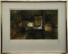 René Carcan (1925-1993) signed etching - abstract, E/A, 49cm x 33cm mounted in glazed gilt frame