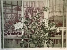 *Olwen Jones (b.1945) etching - 'White Geraniums', signed and numbered 2/50, 38cm x 27.5cm