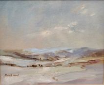 Michael Ewart (b.1940) oil on canvas board - Extensive Landscape, signed, 26cm x 30cm, in glazed gil