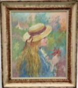 R. Norman, contemporary, oil on canvas - portrait of a girl in a straw hat, signed verso, 60cm x 50c