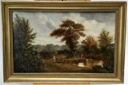 English School, 19th century, pair of oils on board - rural landscapes with figures beside rivers, 2