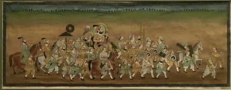 Indian School, gouache on silk, Royal procession, 26.5cm x 69cm, in glazed gilt frame