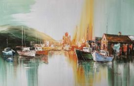 Lang Weilfred/Wilfred (b. 1954) oil on canvas, harbour scene, signed