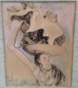 Victor Tischler (1890-1951) pen and wash, signed - woman holding a catch