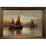 Harry Wiley oil on canvas - fishing boats at sunset, 40cm x 60cm in gilt frame