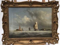 Early 19th century Continental School oil on canvas - shipping off the coast, 24cm x 34.5cm, in gilt