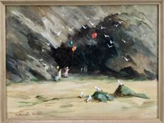 Deborah Jones (d. 2012 ) oil on board - Children playing on a beach below cliffs, signed, 29cm x 39c