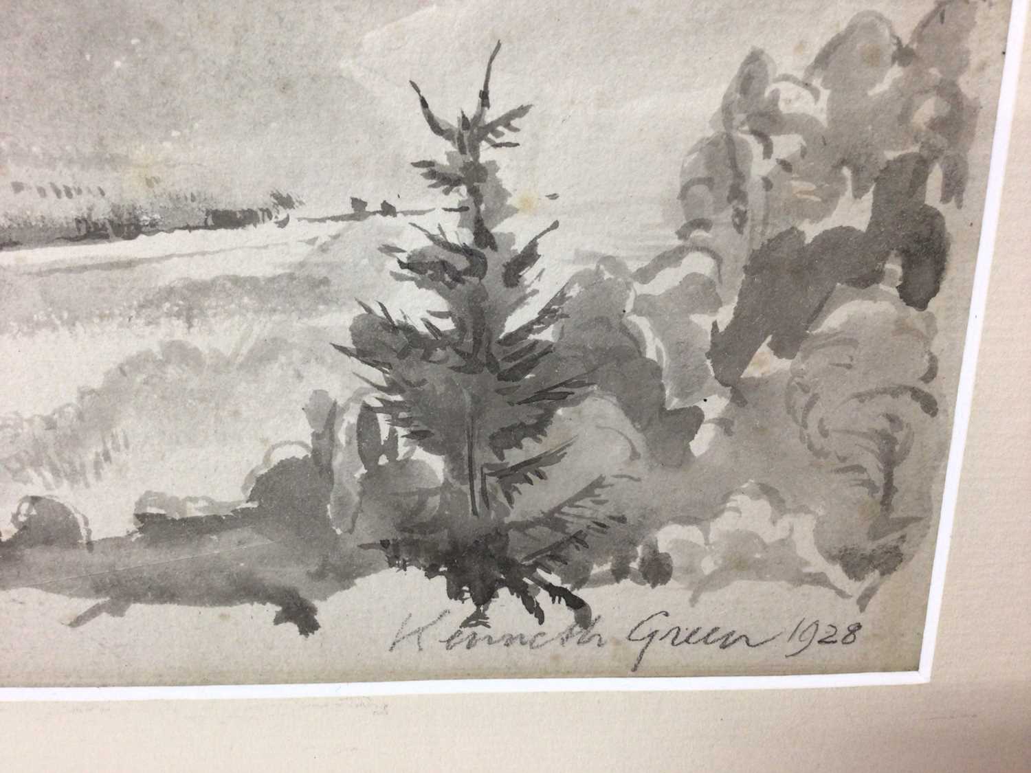 Kenneth Green (1905-1986) monochrome watercolour - Extensive Landscape, signed and dated 1928, 18cm - Image 2 of 4