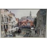 Follower of Edward Seago, watercolour - Venetian Canal, signed with initials W.O.H., 31cm x 46cm, in