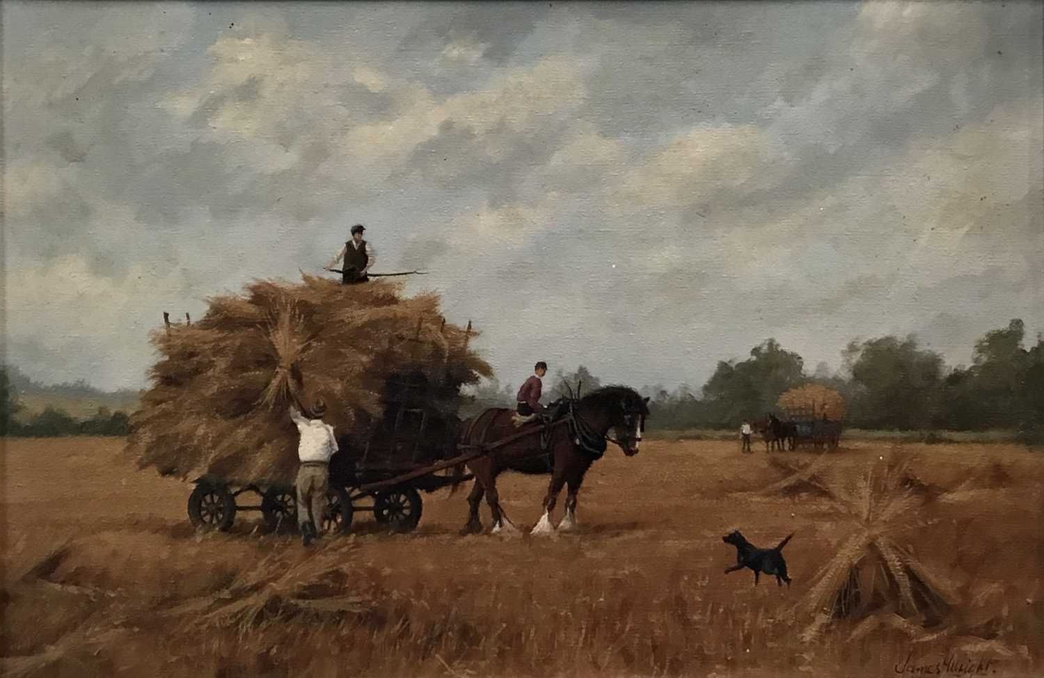 James Wright (b.1935) oil on canvas - hay making, 44cm x 29cm, framed