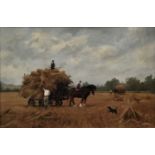 James Wright (b.1935) oil on canvas - hay making, 44cm x 29cm, framed