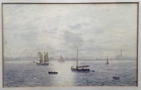 Victorian watercolour - harbour scene, signed indistinctly, image 30cm x 19cm framed