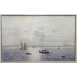 Victorian watercolour - harbour scene, signed indistinctly, image 30cm x 19cm framed