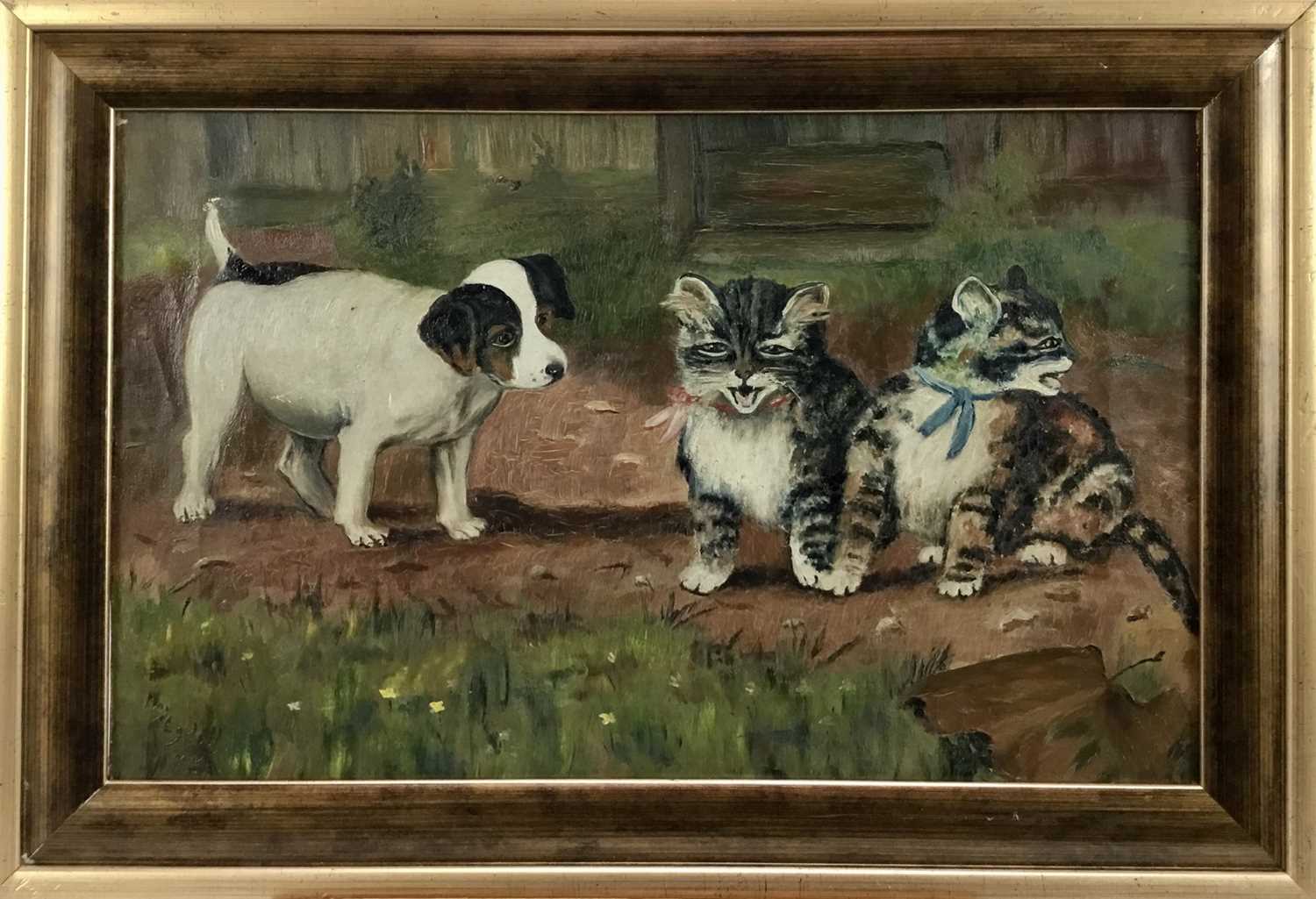 English school oil on canvas - a puppy and kittens, signed and dated 'May Egdell, 1912'