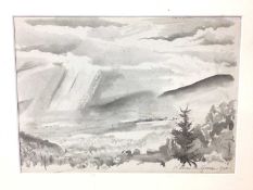 Kenneth Green (1905-1986) monochrome watercolour - Extensive Landscape, signed and dated 1928, 18cm