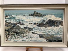 Donald Greig (1916-2009) oil on board, coastline off St Ives, signed