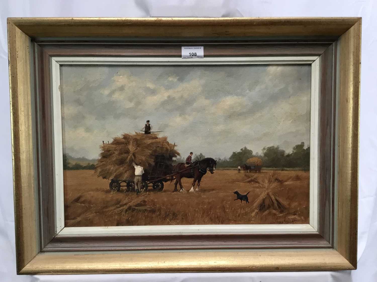 James Wright (b.1935) oil on canvas - hay making, 44cm x 29cm, framed - Image 4 of 5