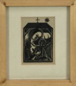 David Michael Jones (1895-1974) wood cut engraving (E40) Nativity with cross and star, unsigned, ima
