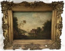 19th century English School oil on panel - village beside a river, in gilt frame