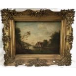 19th century English School oil on panel - village beside a river, in gilt frame