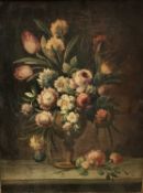 Antique oil on canvas - still life summer flowers, 29cm x 39cm in gilt frame, Bourlet label verso