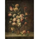 Antique oil on canvas - still life summer flowers, 29cm x 39cm in gilt frame, Bourlet label verso