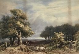 A. Marlow 19th century watercolour laid on card - extensive landscape with shepherds and their sheep