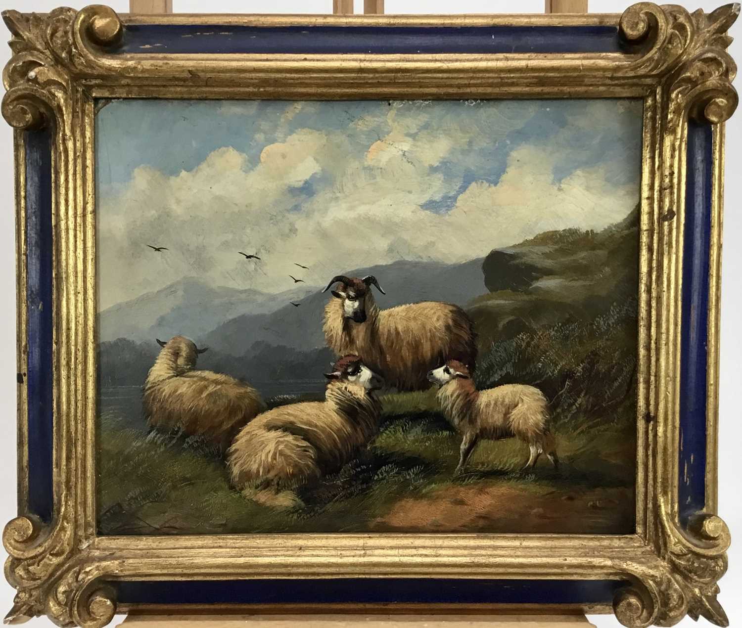 Manner of John W. Morris oil on board - sheep in a mountainous river landscape, 24cm x 30cm