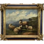 Manner of John W. Morris oil on board - sheep in a mountainous river landscape, 24cm x 30cm