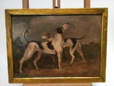 English School, oil on panel - Two Hounds in Landscape, 24cm x 33cm, in gilt frame