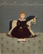 Joyce Fredette ( American 1933 - 2014) oil on canvas of child with rocking horse, signed & dated 198