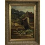 Victorian English School oil on canvas - figure before a Watermill, 24cm x 34cm, in gilt frame