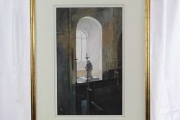 Peter Kelly (b. 1931) watercolour - The West Window, Buttsbury Church