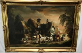 19th century-style oil on canvas - coach and four before an inn, indistinctly signed, 59cm x 89cm, i