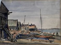 20th century watercolour study, boats on a shore (indistinctly signed)