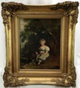 English School circa 1850 oil on canvas - A young girl with her pet dog in woodland in gilt frame