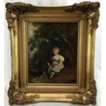 English School circa 1850 oil on canvas - A young girl with her pet dog in woodland in gilt frame