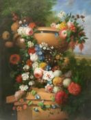 19th century style oil on board, still life of flowers in a pedestal vase
