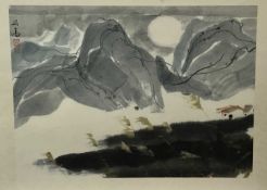 Wei Pingao (b 1947) ink, Trees and grey mountains, signed, 33 x 44cm, together with another Chinese