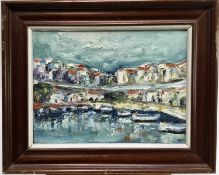 Mediterranean impasto oil- boats and white buildings