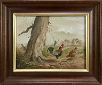 John F Mace, oil on board - A landscape with chickens by a tree, farm buildings beyond, monogrammed,