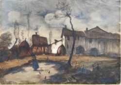 Early 20th century Continental School - figure in a farmyard, indistinctly signed, 46.5cm x 66cm, lo